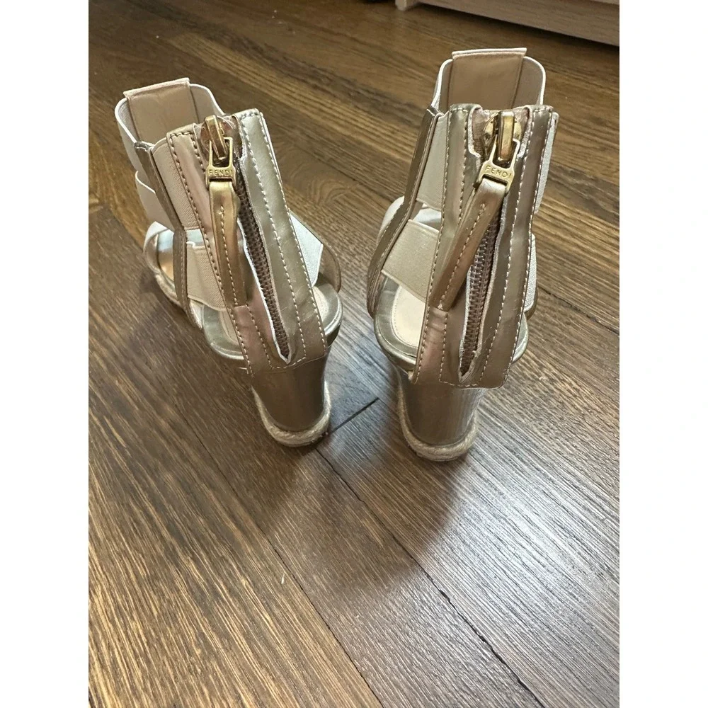Fendi Womens Metallic Gold Caged Espadrille Wedge Sandals Back Zip Italy 36.5